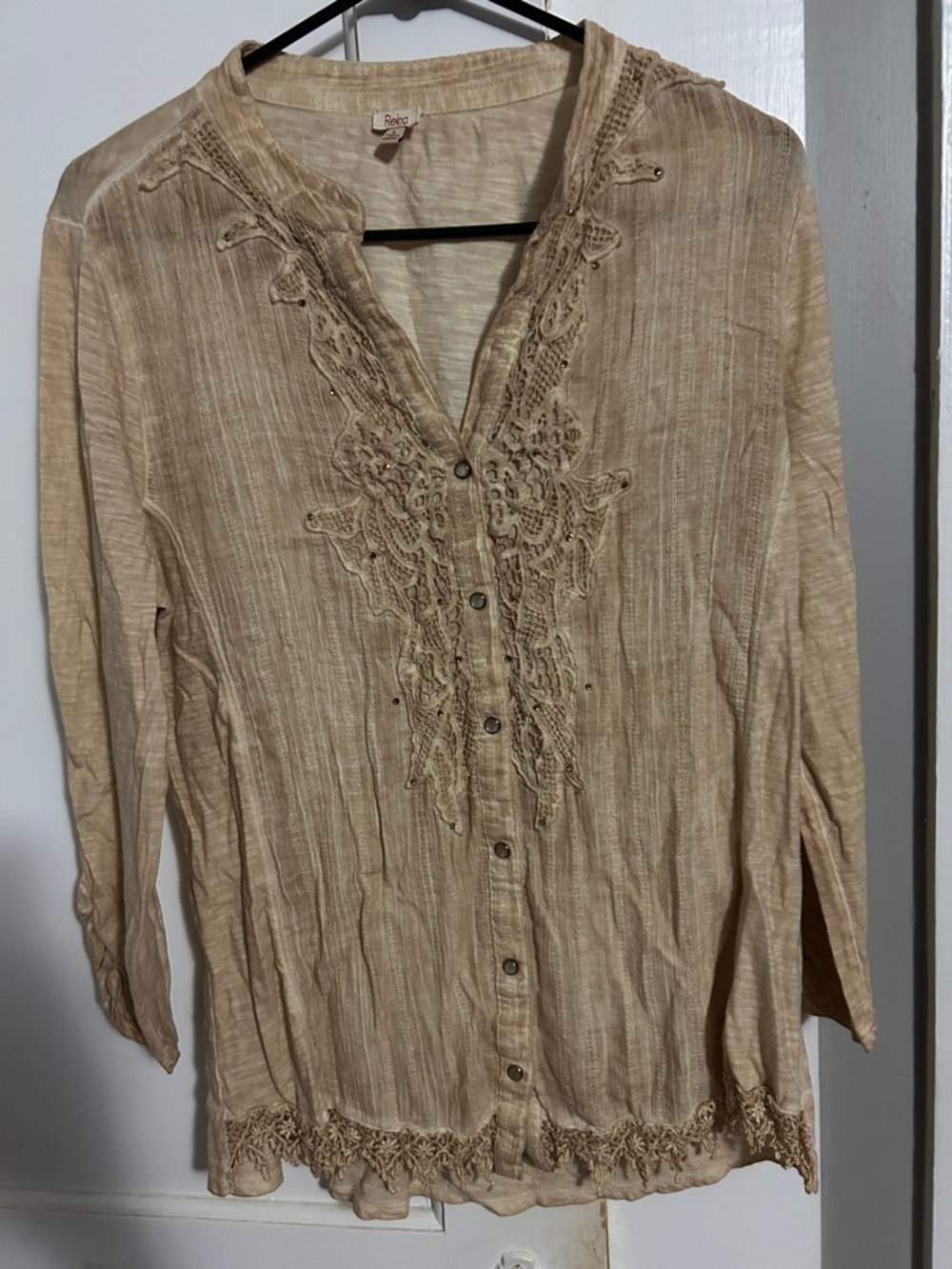 BECCA Tan Lace-Trim Button-Down Women's Shirt